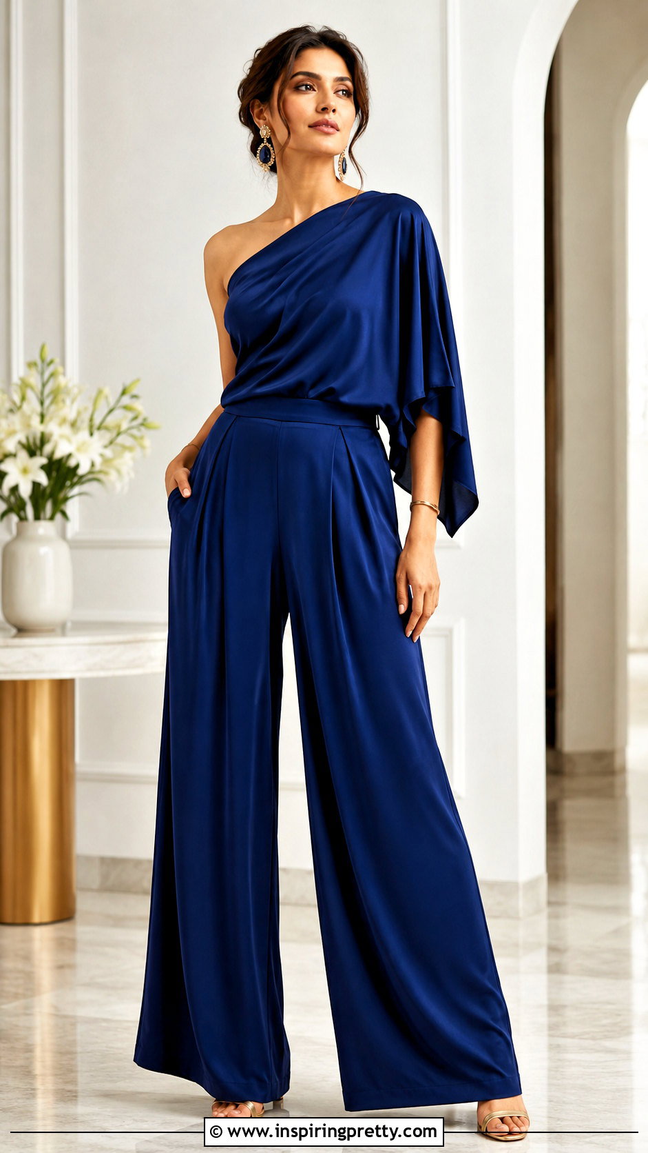 One Shoulder Draped Top With Palazzo Pants - 50 Indo Western Tops outfit ideas