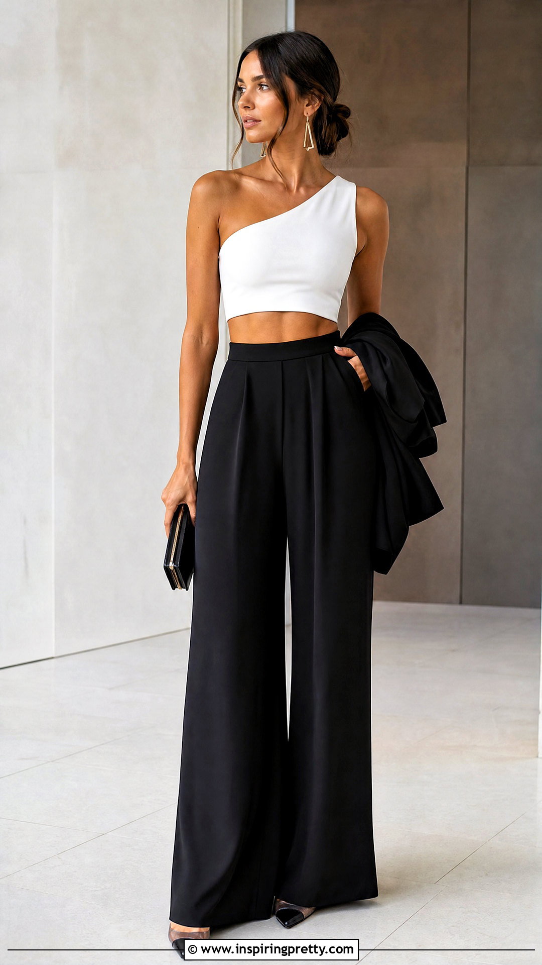 One Shoulder Extremely Cropped Top With Palazzo Pants - 25 Extremely Cropped Top outfit ideas