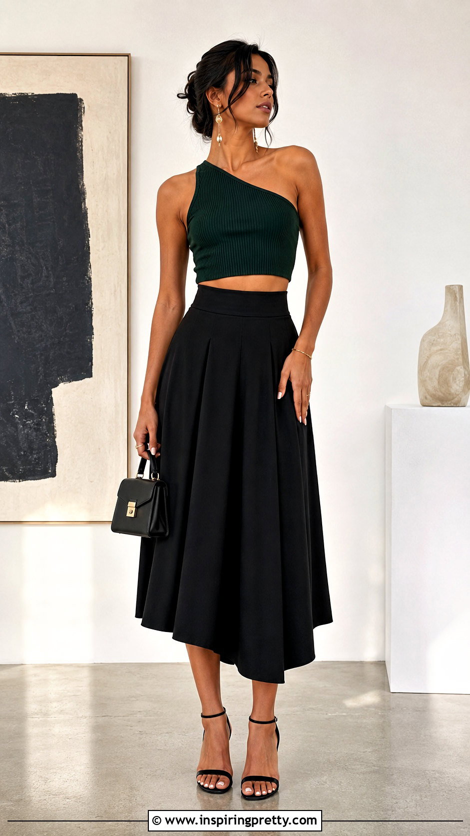 One Shoulder Knitted Crop Top With Midi Skirt - 50 knitted crop top outfit ideas