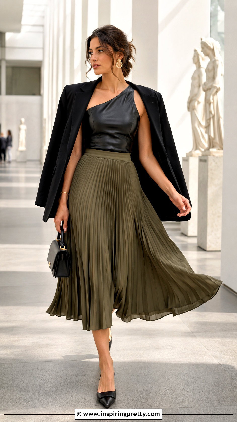 One Shoulder Leather Top With Pleated Midi Skirt - 20 leather top outfit ideas