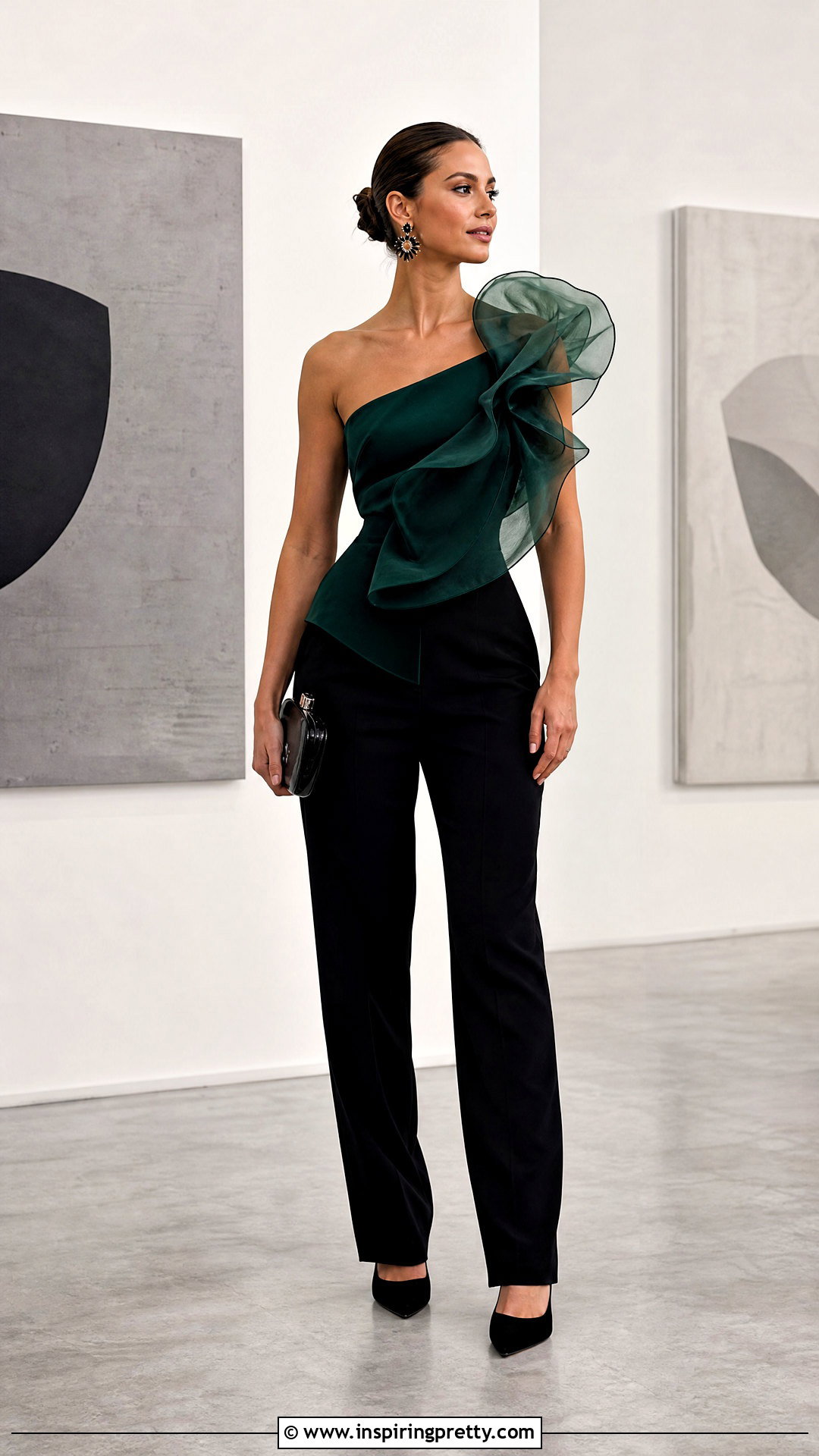 One Shoulder Organza Top With Black Pants - 50 organza tops outfit ideas
