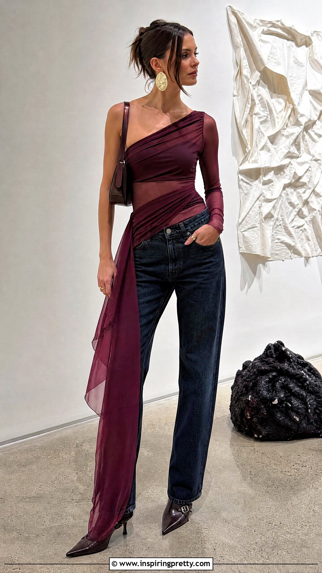 One Shoulder Panty Hose Top With Straight Leg Jeans - 25 panty hose top diy ideas