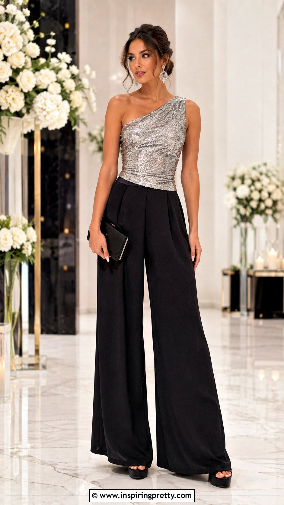 One Shoulder Sequin Top With Palazzo Pants - 50 sequin top outfit parties