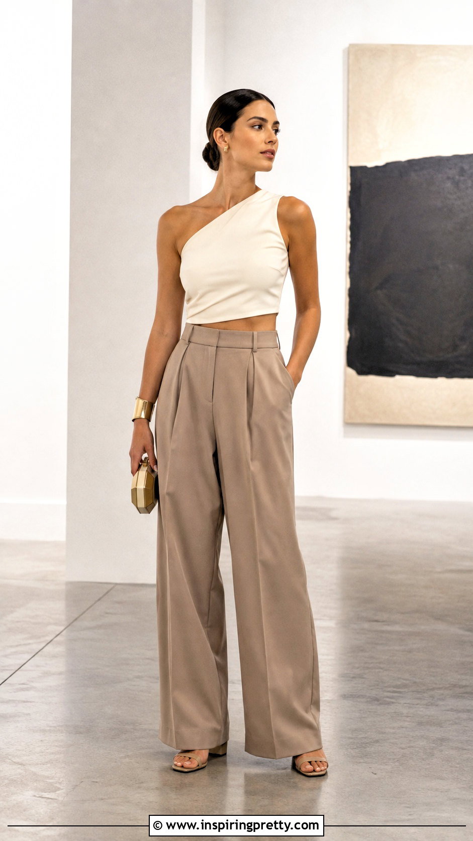 One Shoulder Short Top With Pleated Trousers - 50 latest short top designs