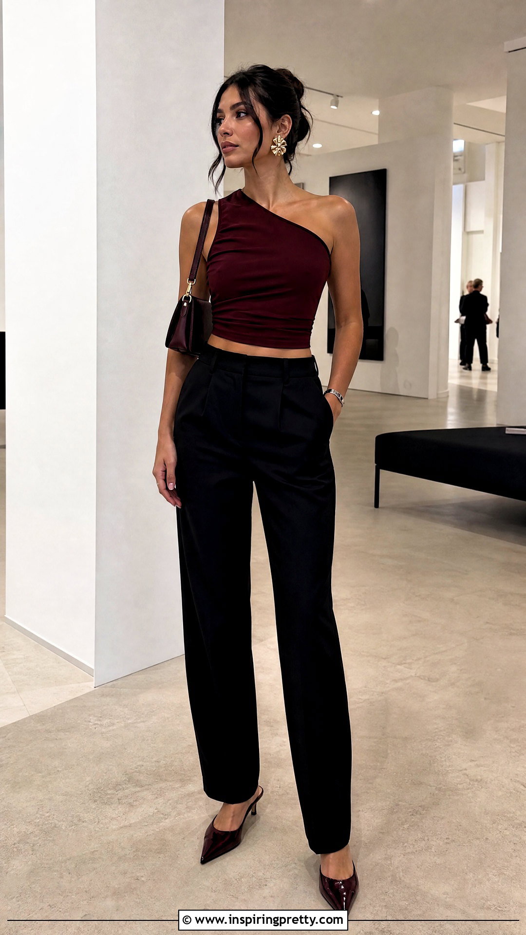 One Shoulder Short Top With Straight Leg Pants - 50 short top designs