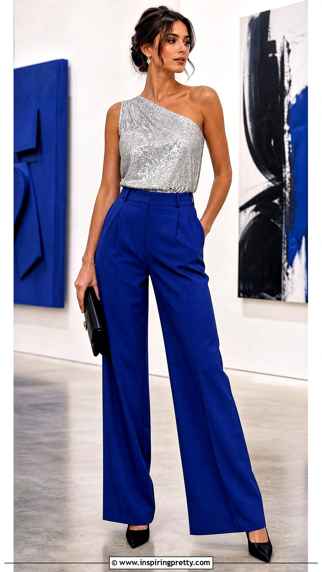 One Shoulder Sparkle Top With Colored Trousers - 20 One Shoulder Sparkle Top outfit ideas