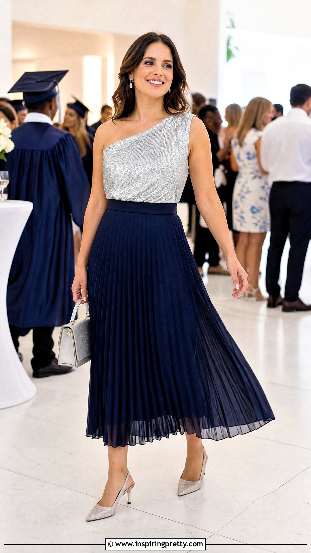 One Shoulder Sparkle Top With Pleated Midi Skirt - 20 One Shoulder Sparkle Top outfit ideas