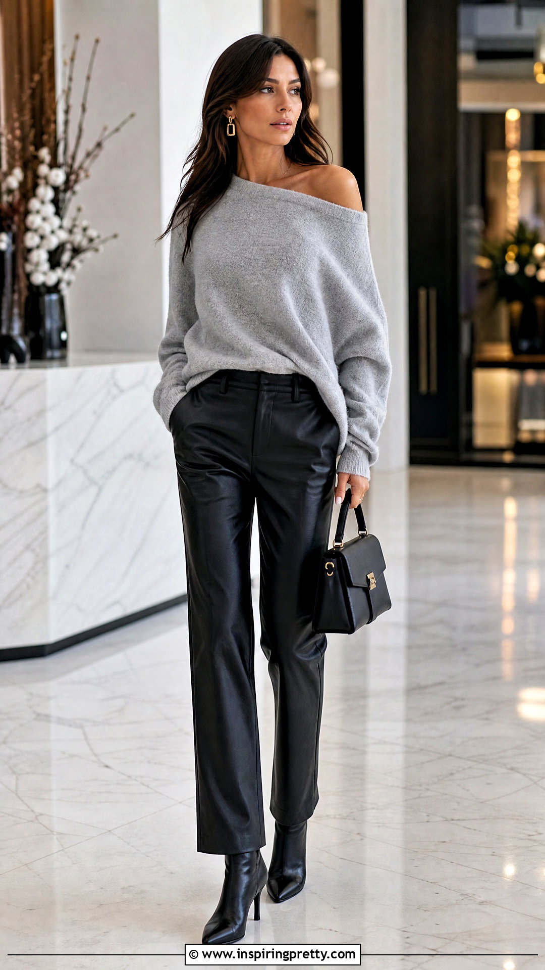 One Shoulder Sweater With Leather Pants - 50 one side off shoulder top outfit ideas
