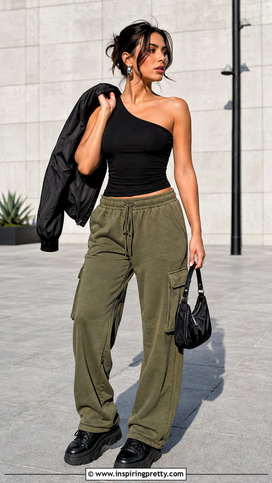 One Shoulder Tank Top And Cargo Sweatpants Outfit - 50 tank top and sweatpants outfits