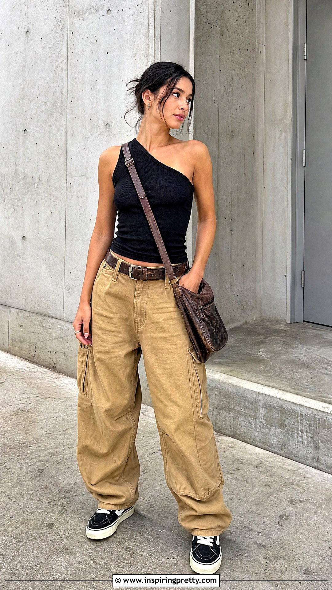 One Shoulder Top And Carpenter Pants Streetwear Outfit - 50 streetwear tops outfit ideas