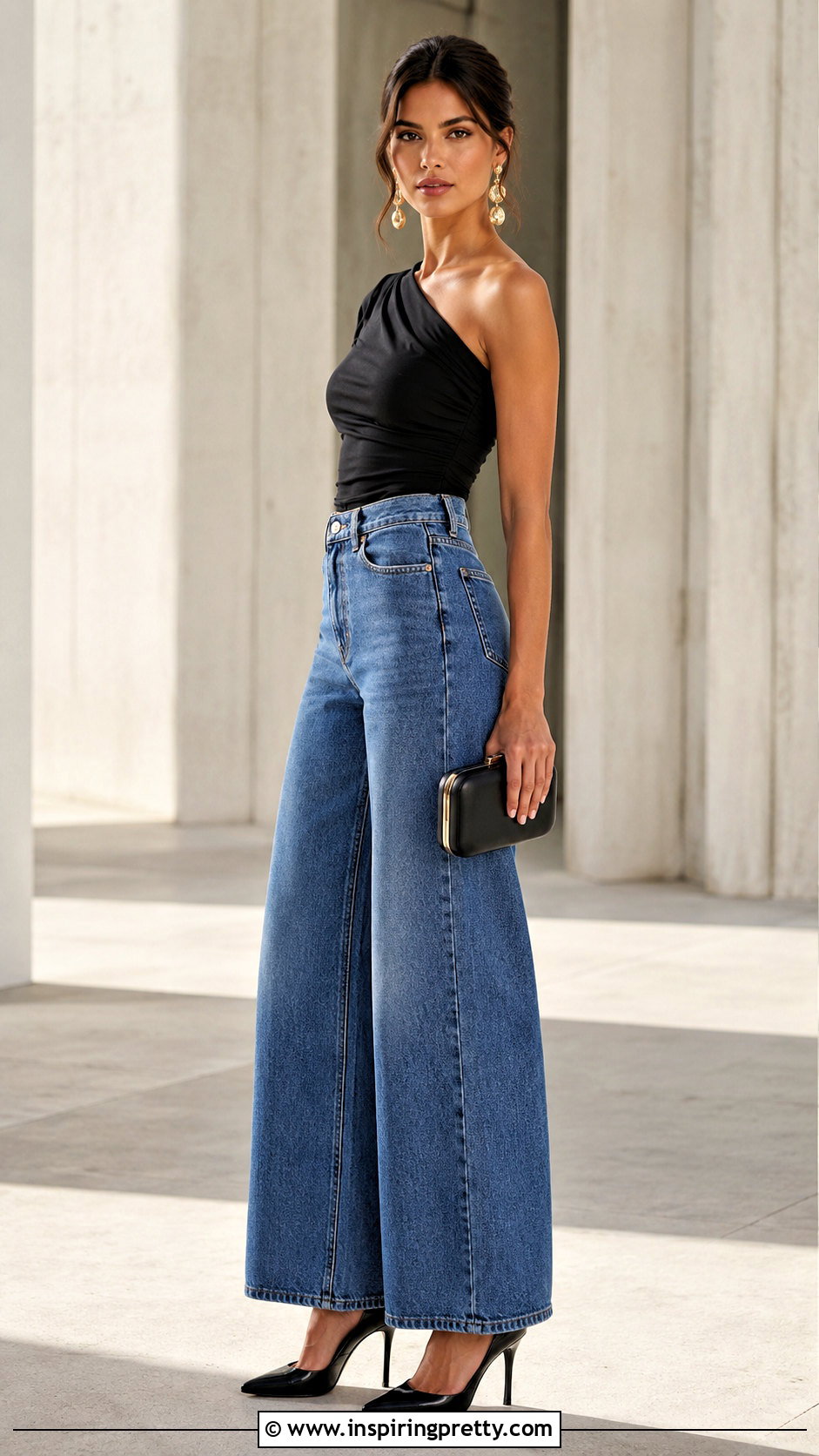 One Shoulder Top And Wide Jeans Shoulder Look Pose - 50 jeans top photoshoot poses
