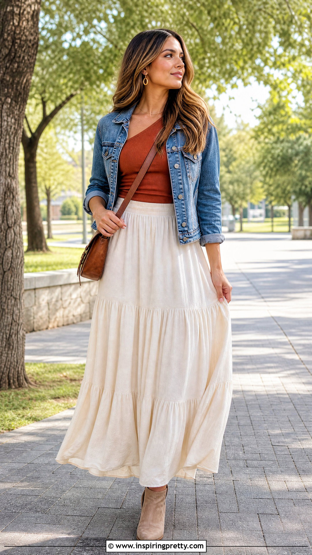One Shoulder Top With Denim Jacket And Maxi Skirt - 50 one off shoulder top outfit ideas