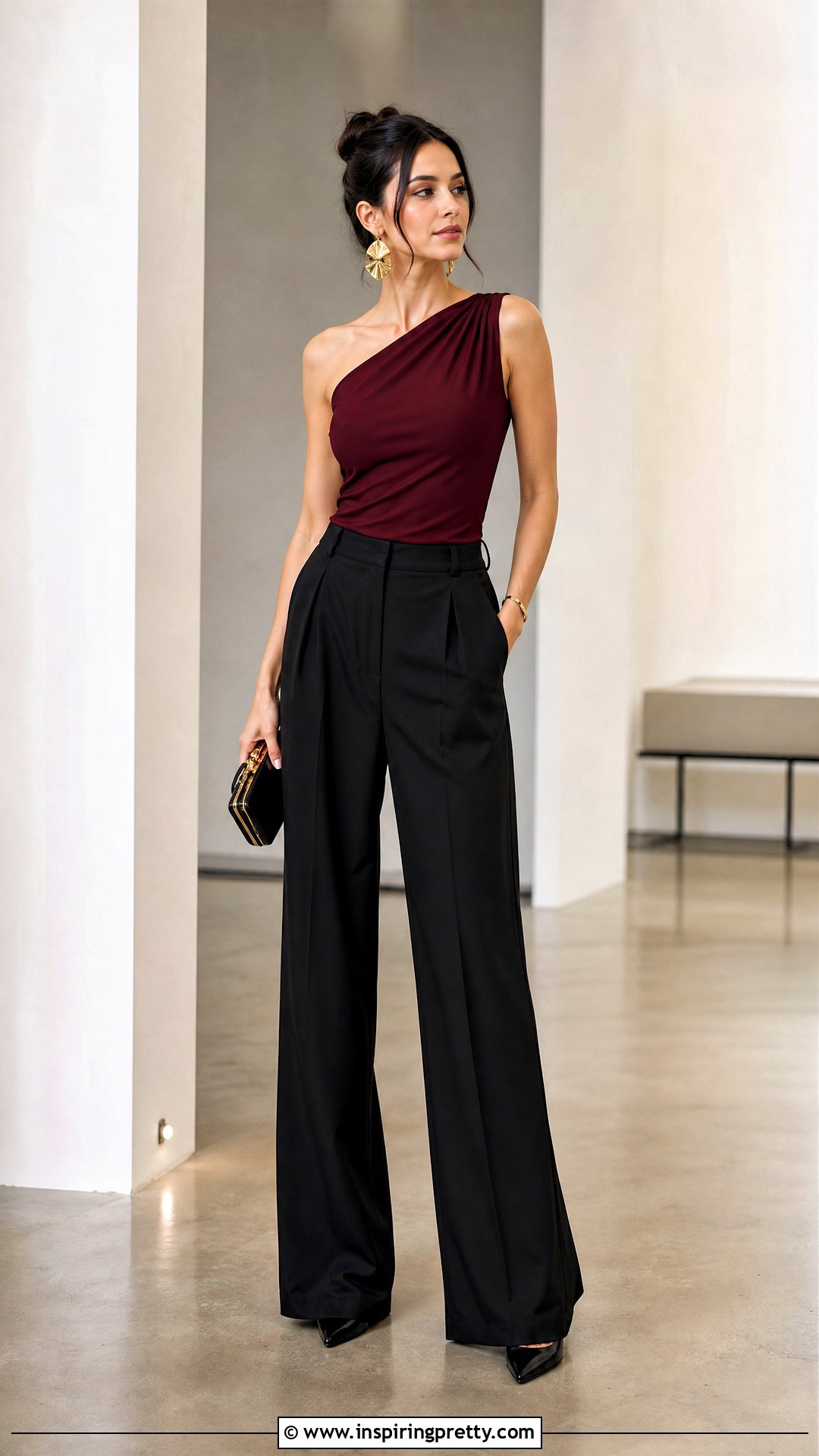 One Shoulder Top With Flowy Black Pants - 25 top with flowy bottom outfits