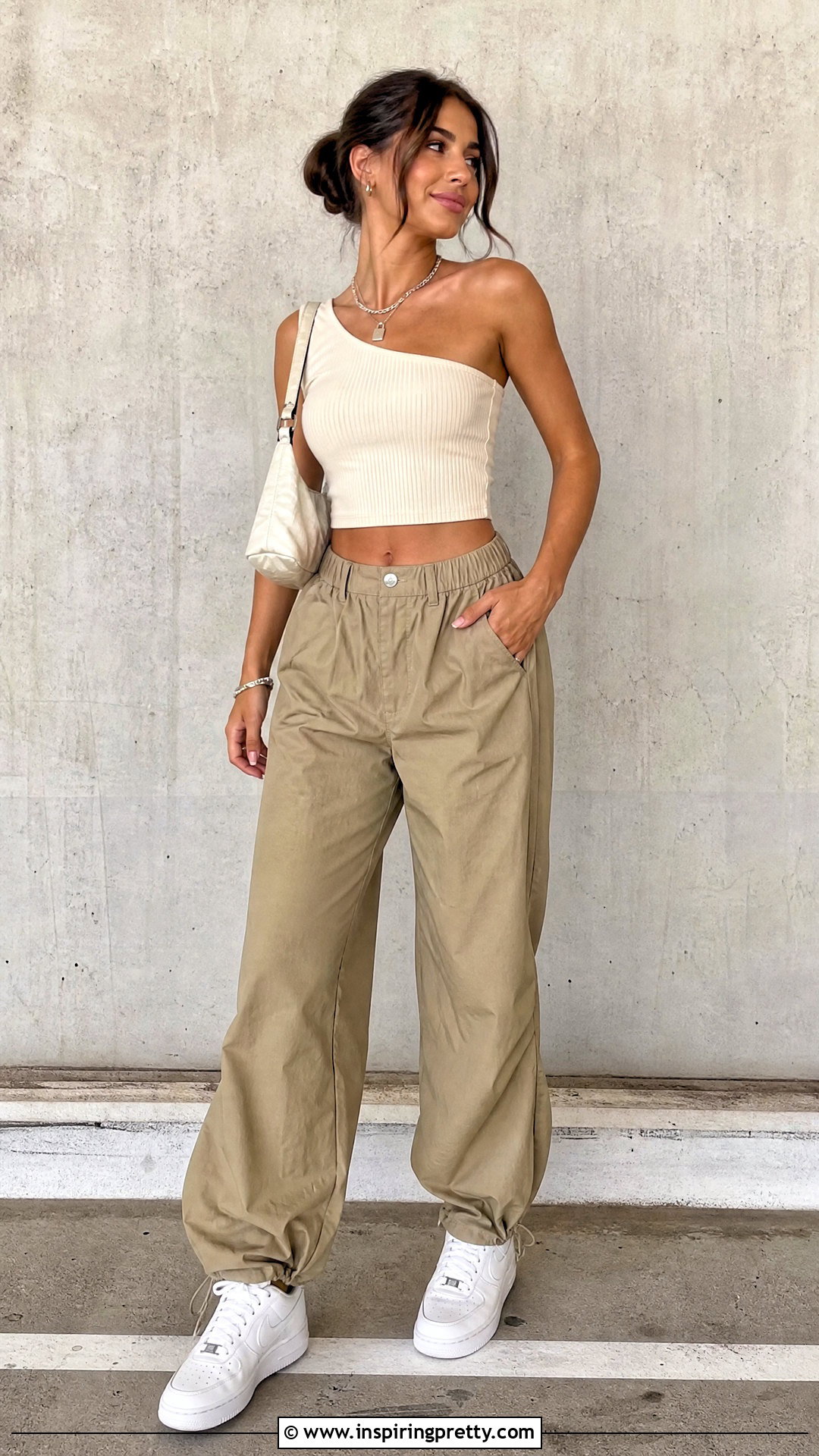 One Shoulder Top With Parachute Pants - 50 one side off shoulder top outfit ideas