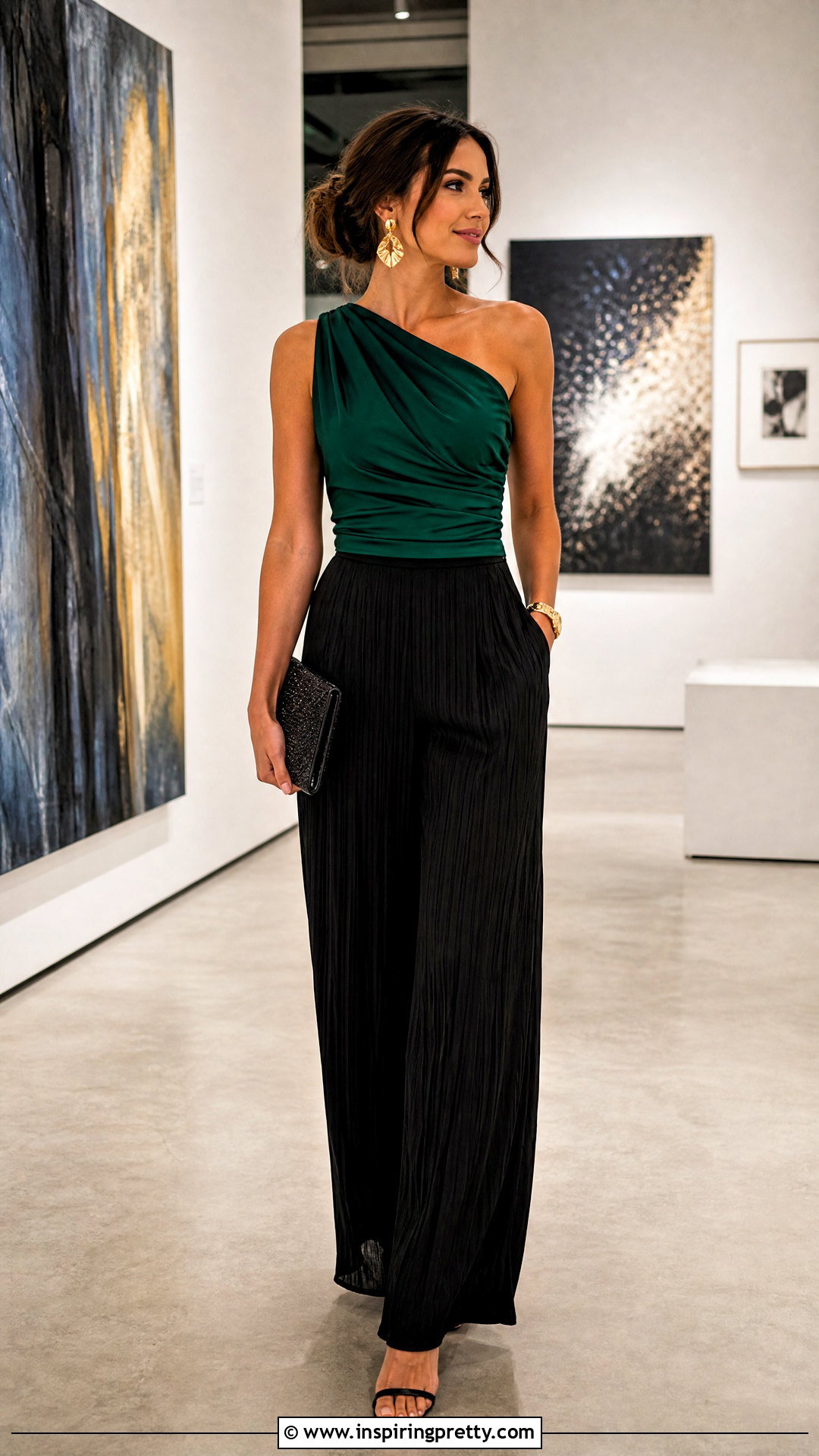 One Shoulder Top With Pleated Pants - 50 small top big pants outfit ideas