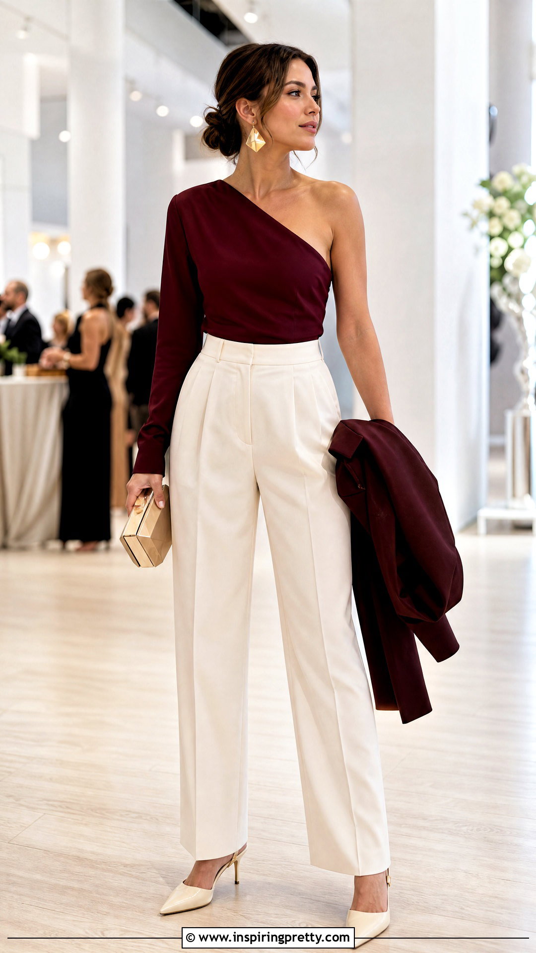 One Shoulder Top With Pleated Trousers - 50 aesthetic tops for women