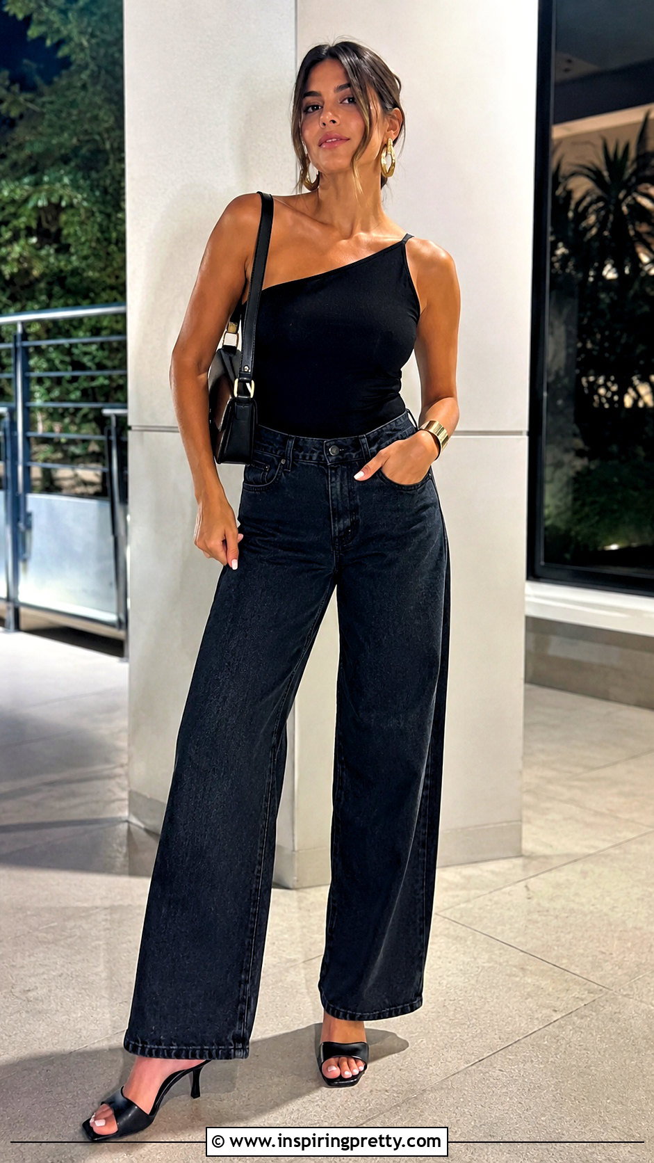 One Shoulder Top With Wide Leg Jeans - 50 pretty tops outfit ideas