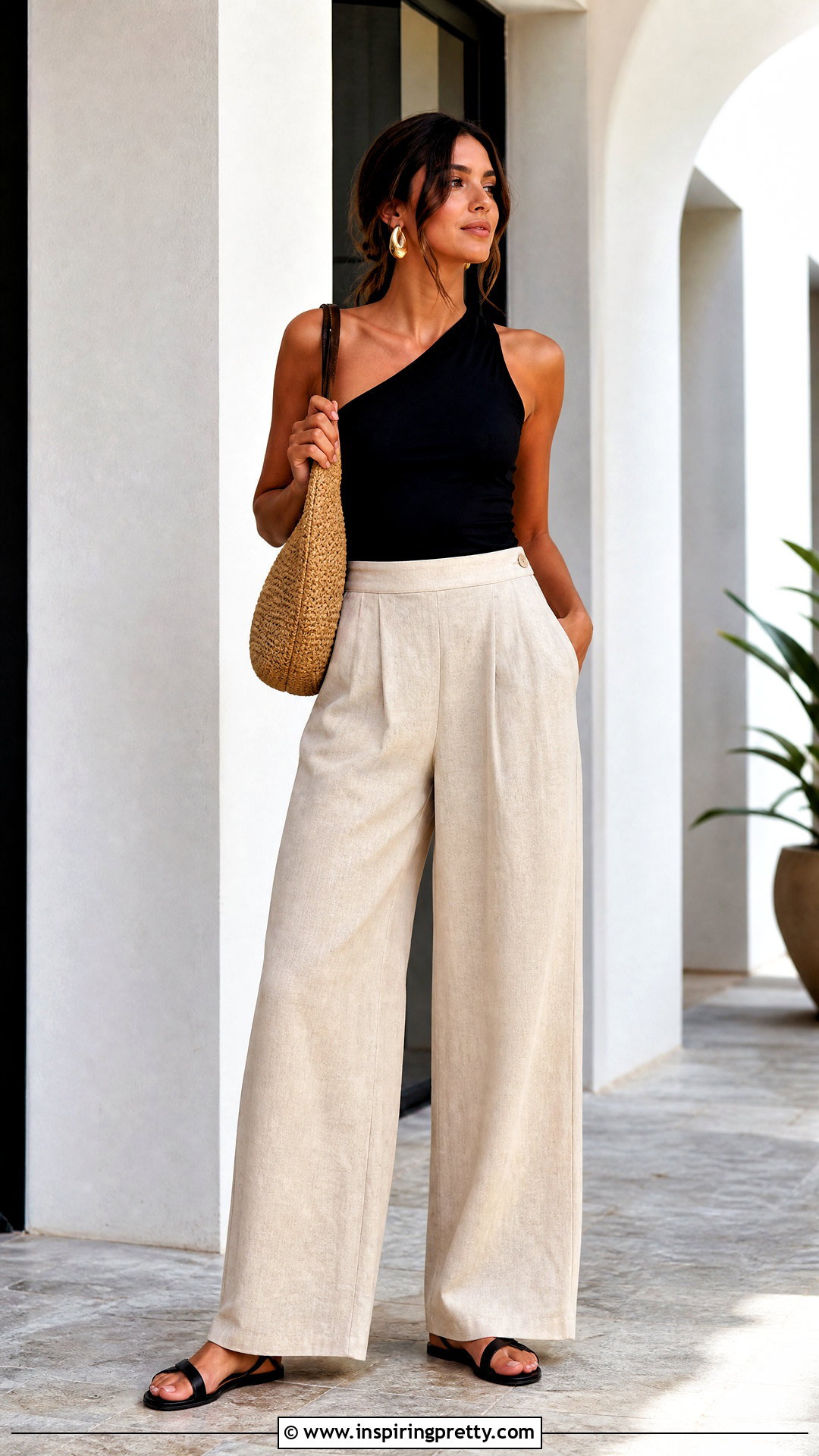 One Shoulder Top With Wide Leg Pants - 50 casual summer tops outfit ideas