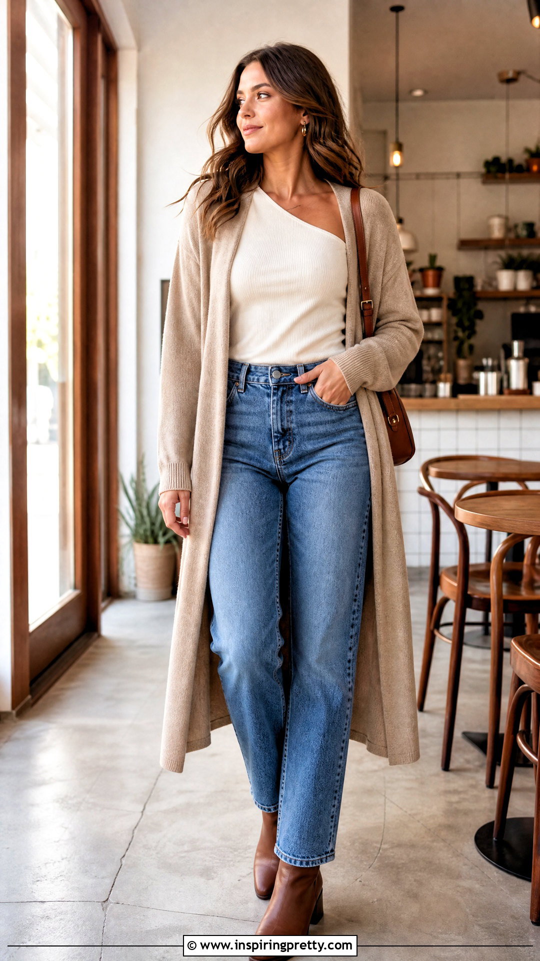 One Shoulder Top With a Long Cardigan and Jeans - 50 one side off shoulder top outfit ideas
