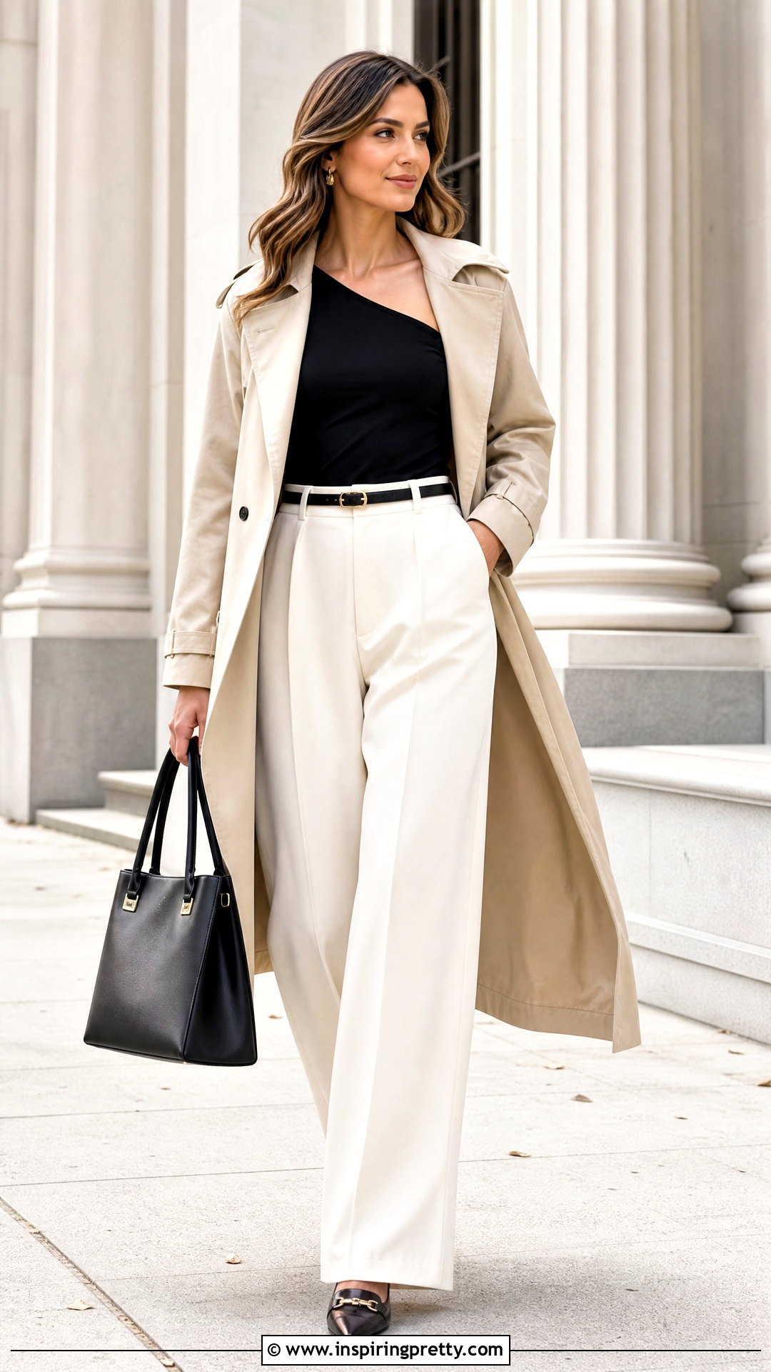 One Shoulder Top With a Trench Coat and Trousers - 50 one side off shoulder top outfit ideas