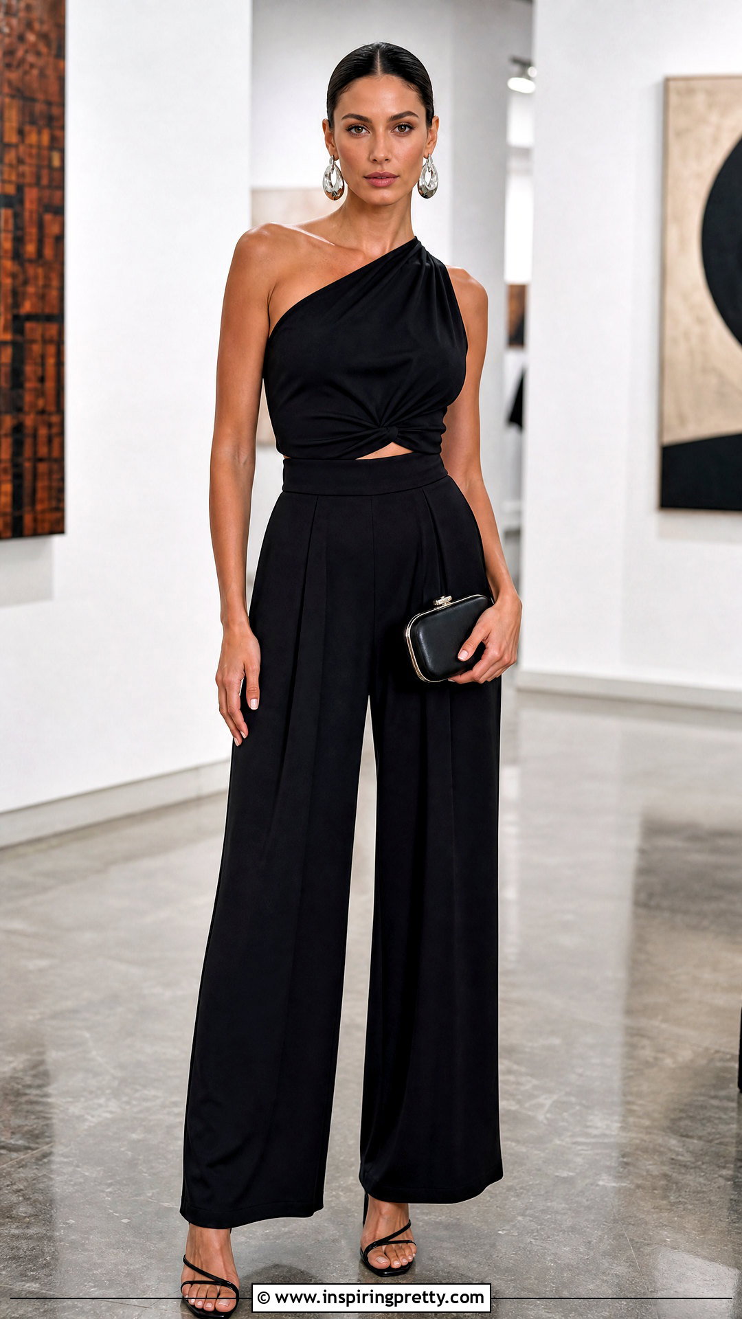 One Shoulder Twist Hem Top With Palazzo Pants - 20 Twist Hem Top outfit ideas