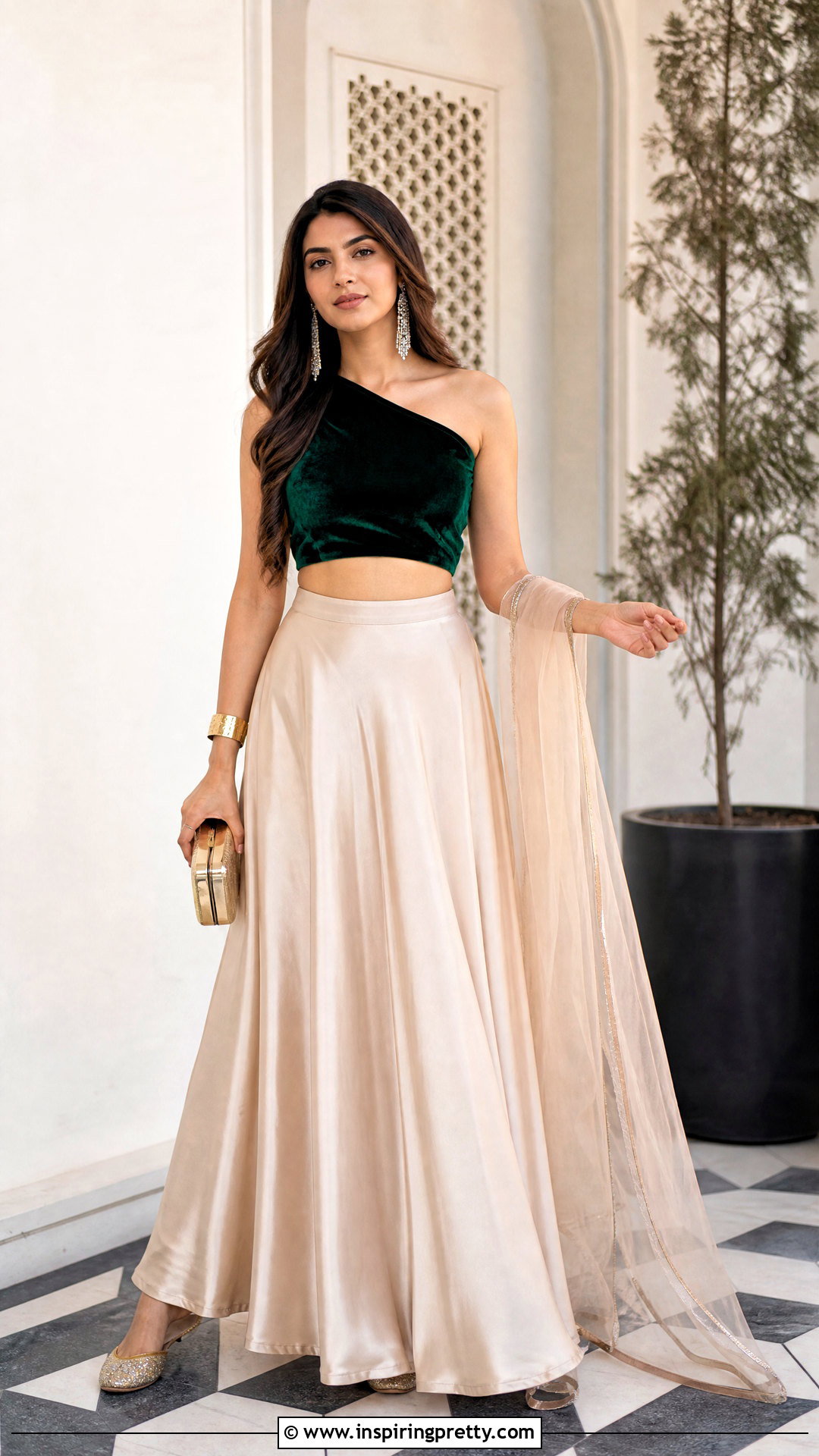 One Shoulder Velvet Crop Top With Plain Lehenga - 50 velvet crop top designs for lehengas