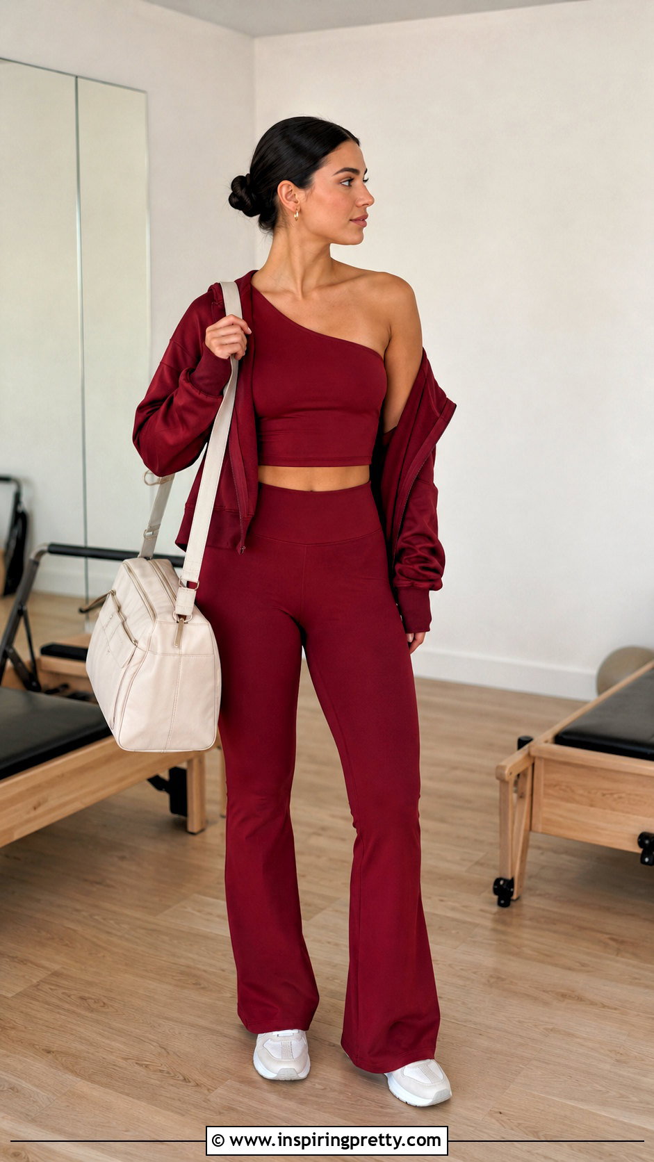 One Shoulder Workout Top With Flare Leggings - 50 workout tops outfit ideas