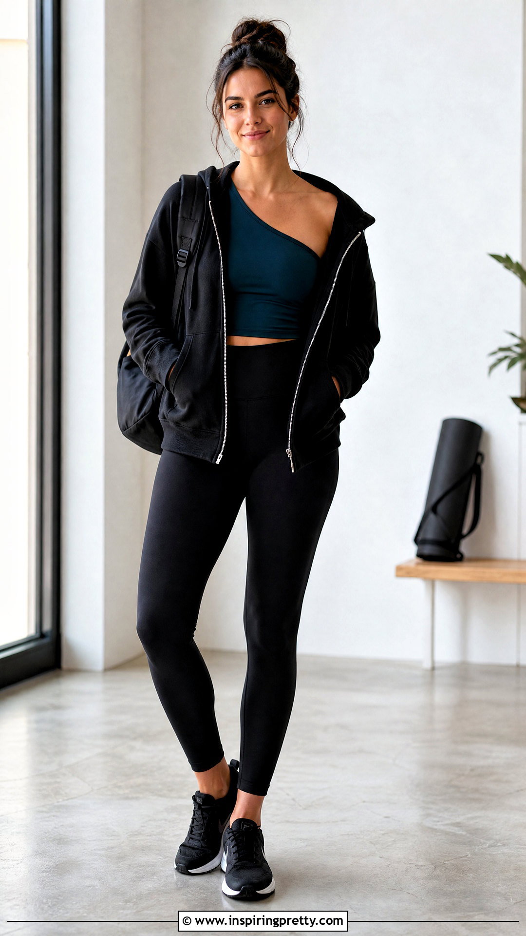 One Shoulder Yoga Top With Black Leggings - 20 yoga clothes tops outfit ideas