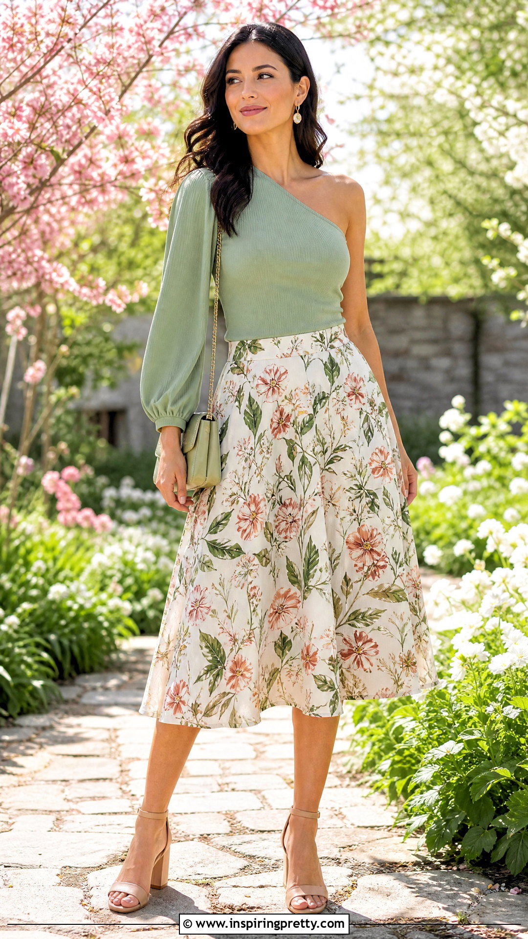 One Sleeve Top With Floral Skirt - 50 One Sleeve Top Outfit ideas