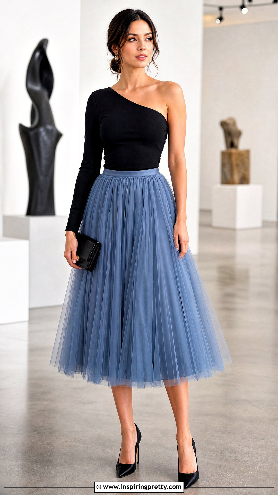 One Sleeve Top With Tulle Skirt - 50 One Sleeve Top Outfit ideas