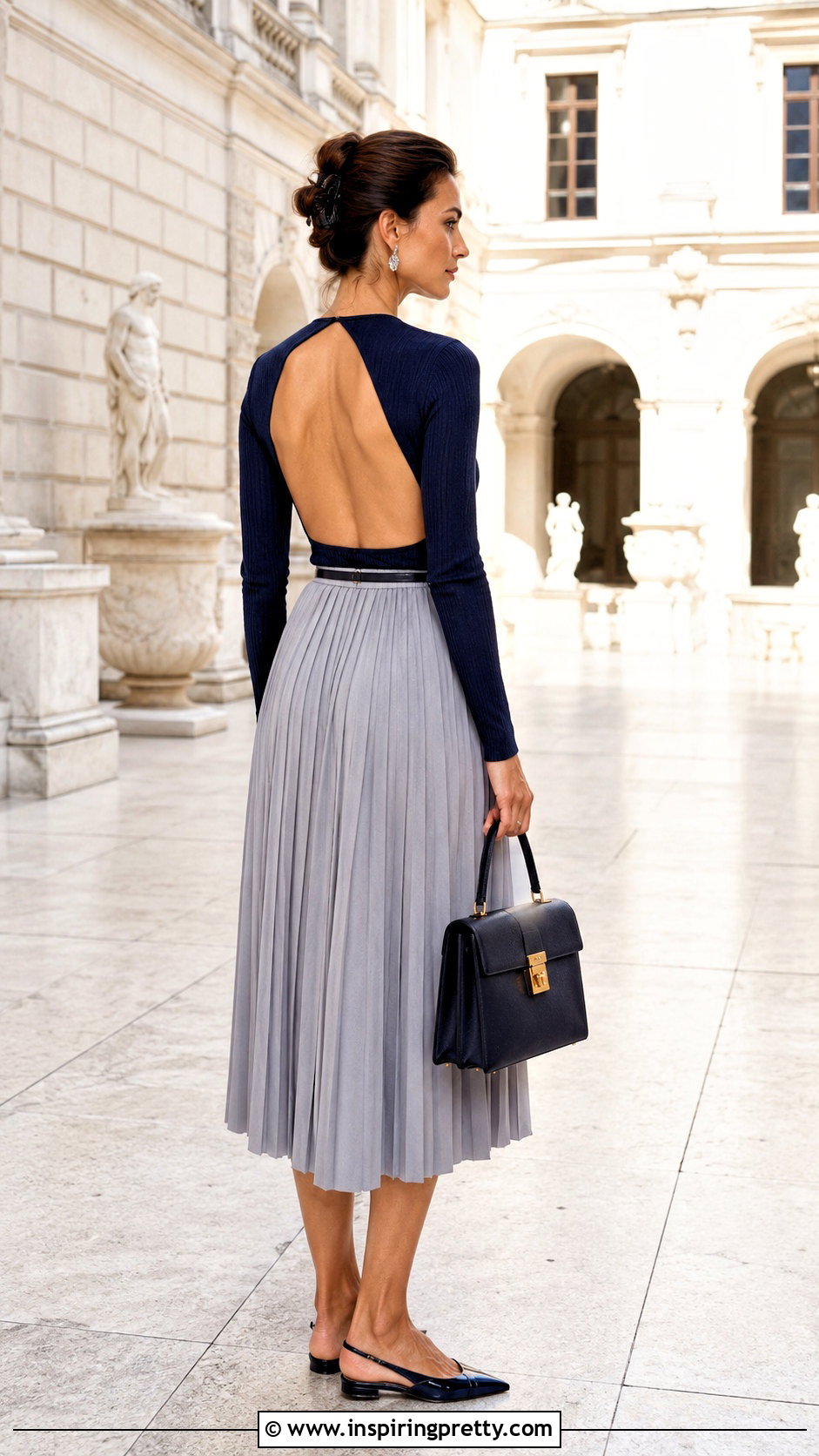Open Back Top With A Pleated Midi Skirt - how to style open back tops (20 ways)