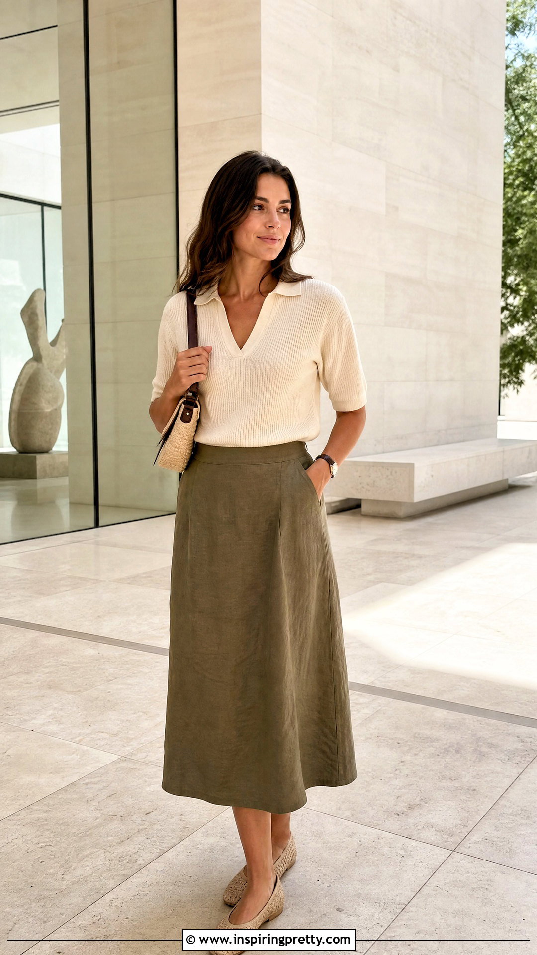 Open Collar Knit Top With Linen Midi Skirt - 50 summer knit tops outfit ideas
