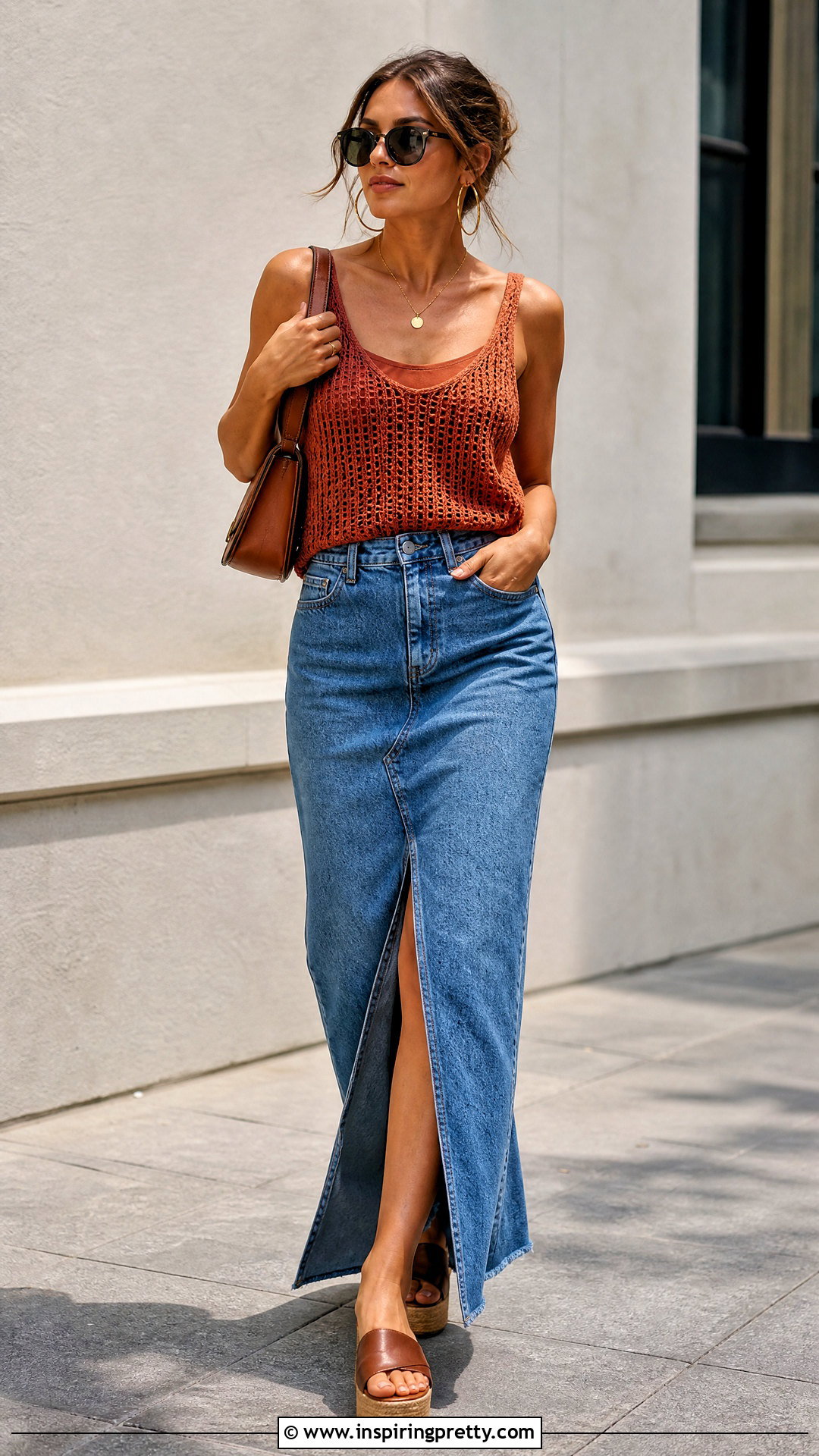 Open Knit Tank Top With Denim Maxi Skirt - 25 open knit tank top outfit ideas