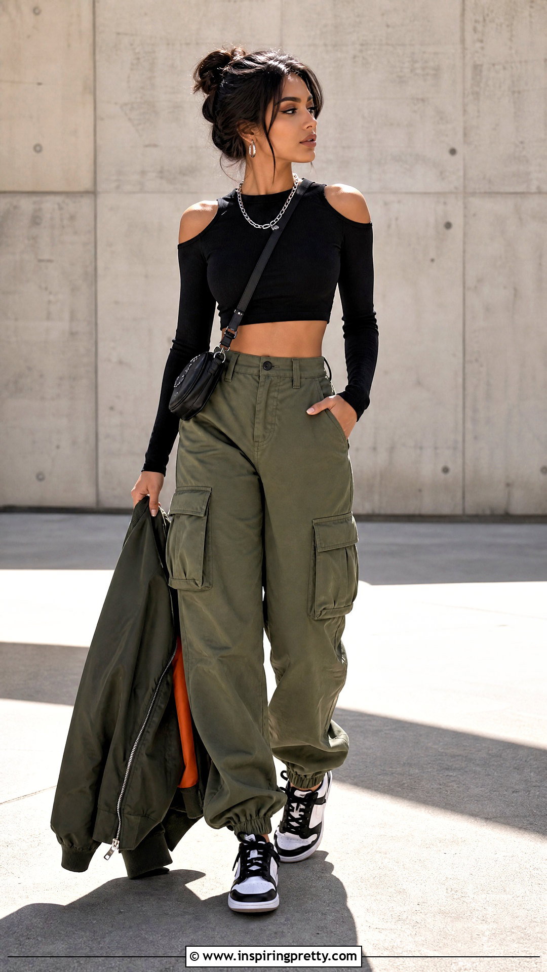 Open Shoulder Crop Top With Cargo Pants - 25 Open Shoulder Crop Top outfit ideas