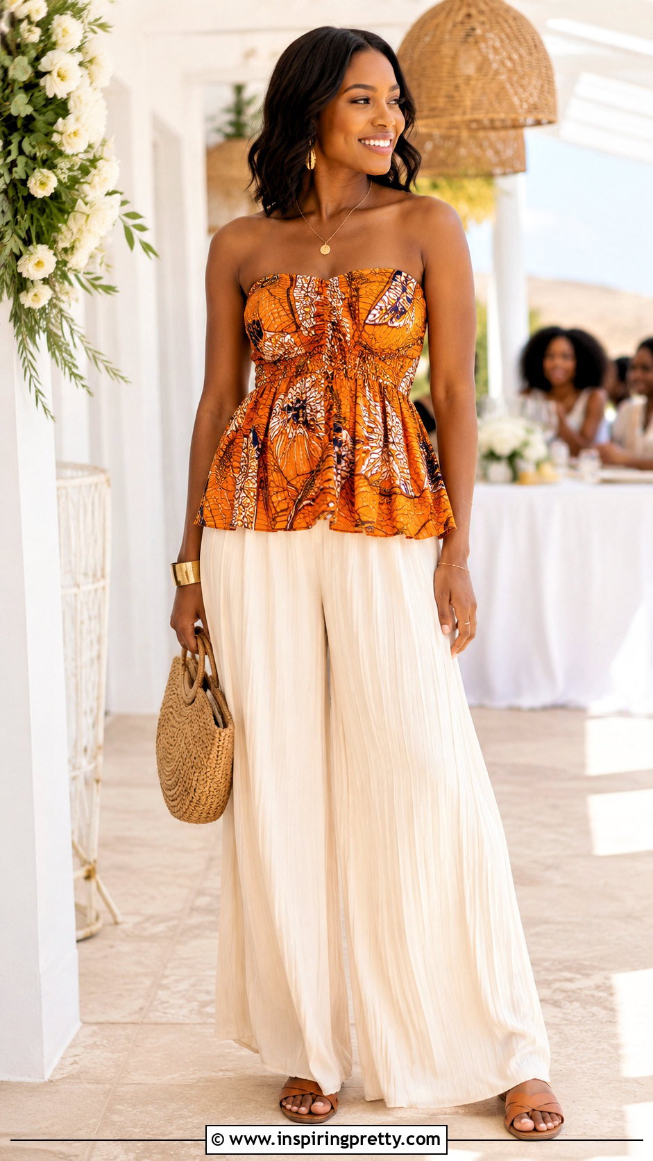 Orange African Print Top With Cream Pants - 50 african print tops outfit ideas