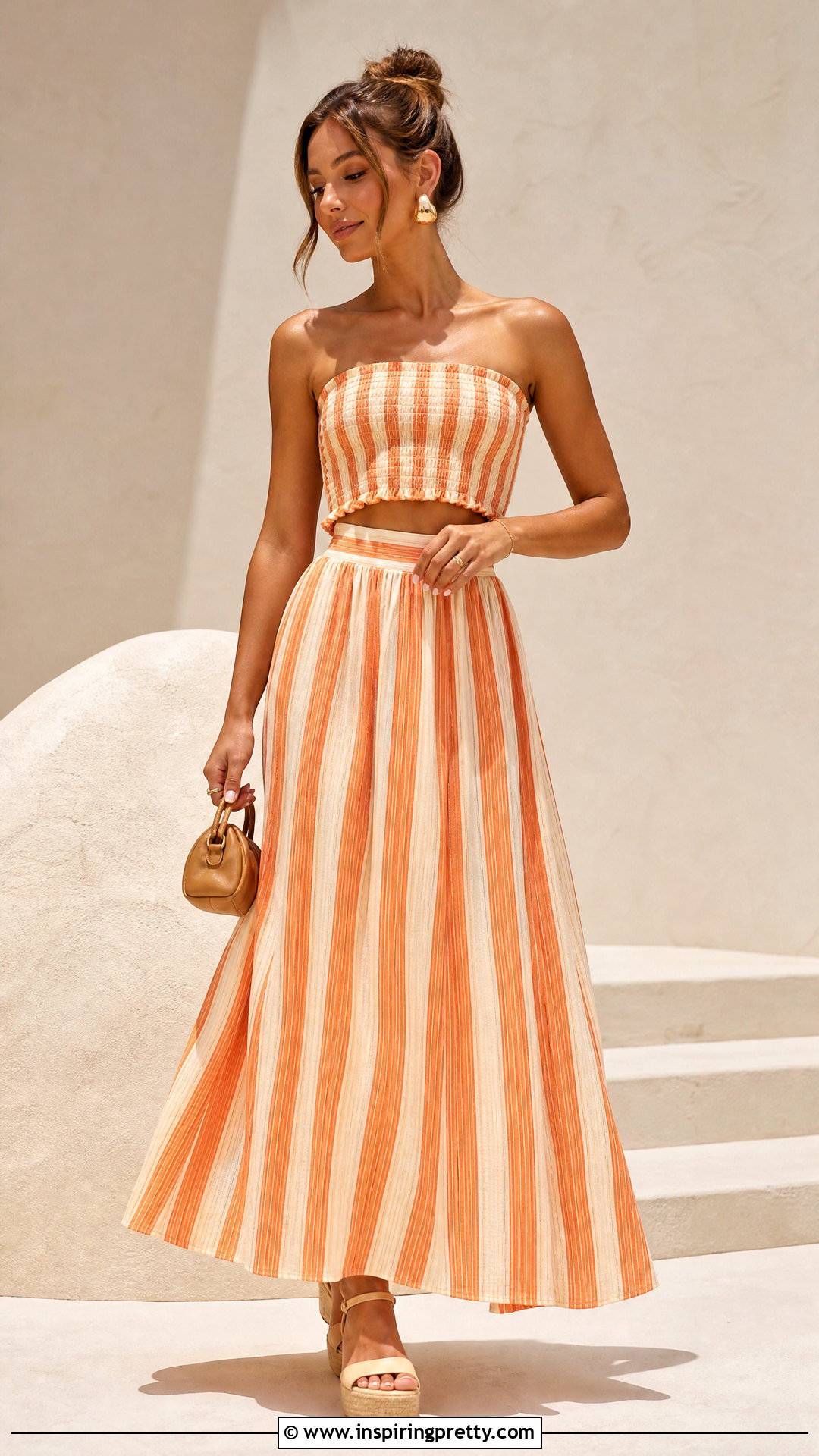 Orange And Beige Striped Crop Top And Maxi Skirt Set - 20 Striped Crop Top And Skirt Sets