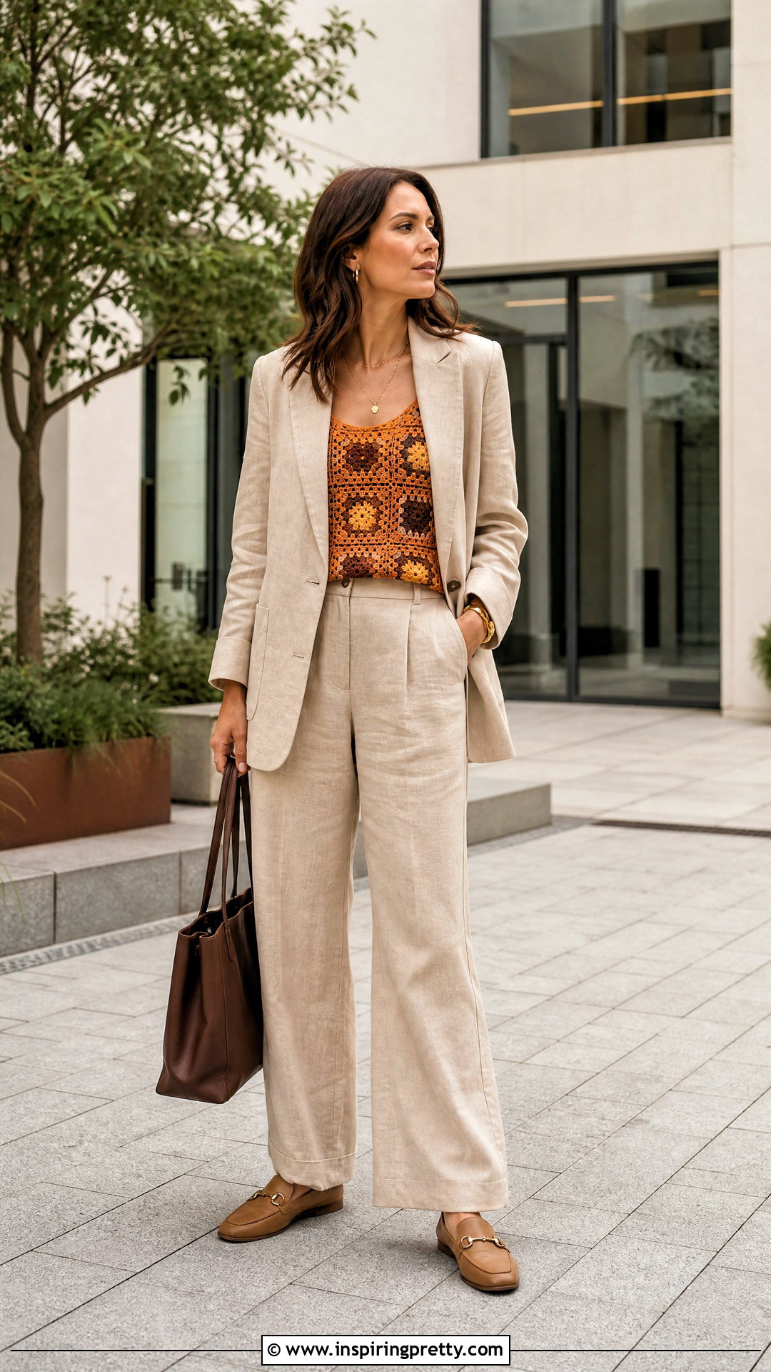 Orange And Brown Crochet Top With A Linen Suit - 20 orange and brown crochet top outfit ideas