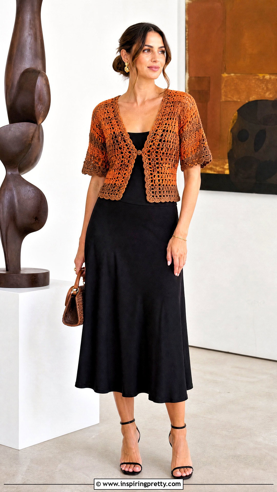 Orange And Brown Crochet Top With Black Midi Skirt - 20 orange and brown crochet top outfit ideas