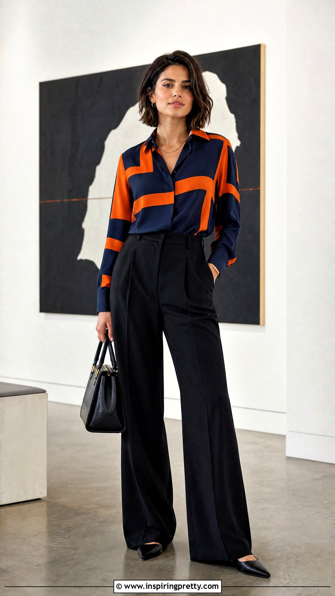 Orange And Navy Top With Black Wide Leg Pants - 20 Orange And Navy Top outfit ideas