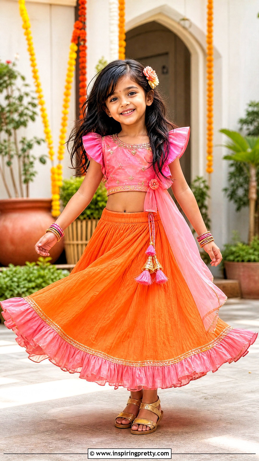 Orange And Pink Ruffle Kids Crop Top Lehenga - 50 kids crop top lehenga designs