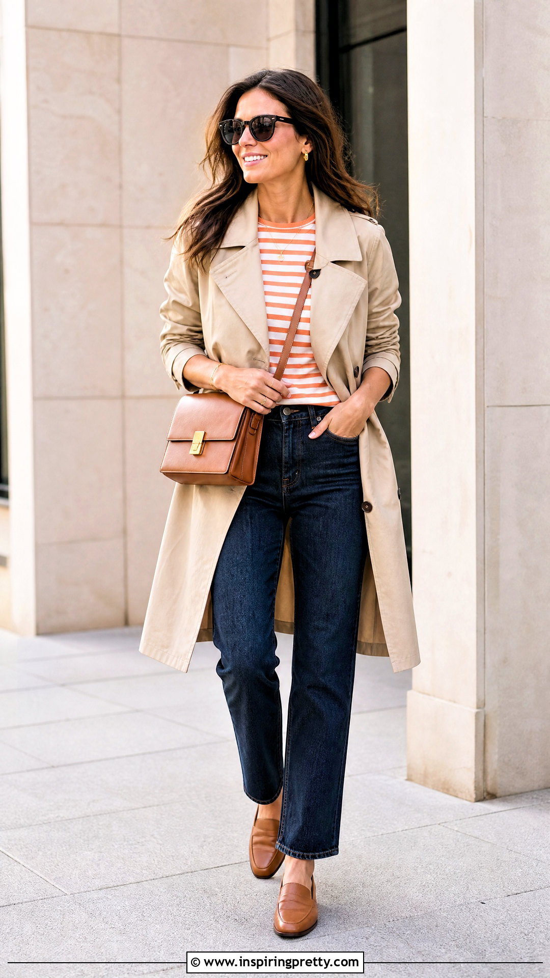 Orange And White Striped Top With Beige Trench Coat - 25 orange and white striped top outfit ideas