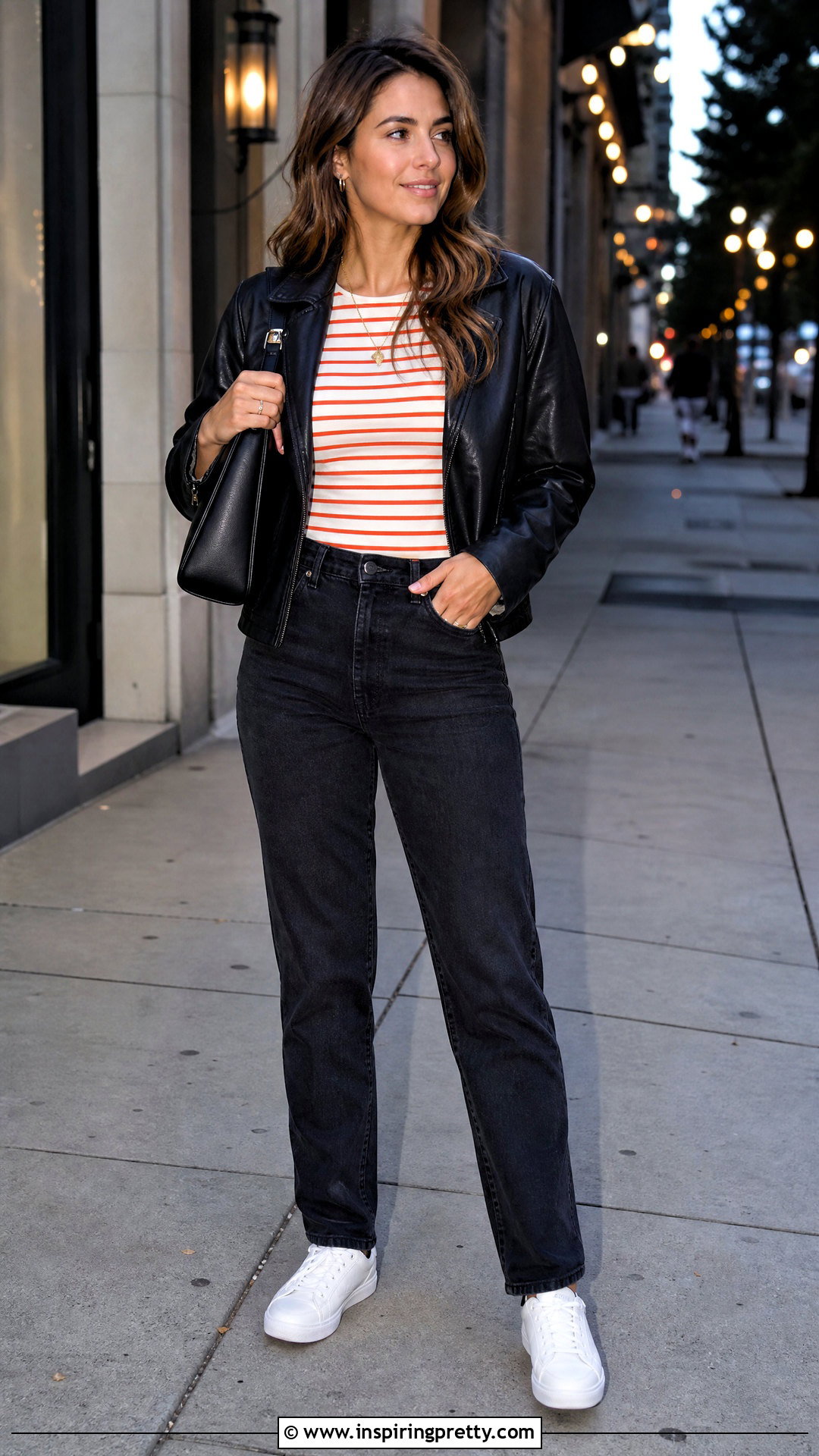 Orange And White Striped Top With Black Leather Jacket - 25 orange and white striped top outfit ideas