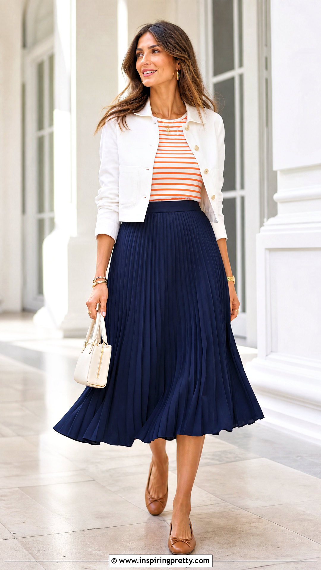 Orange And White Striped Top With Navy Pleated Skirt - 25 orange and white striped top outfit ideas