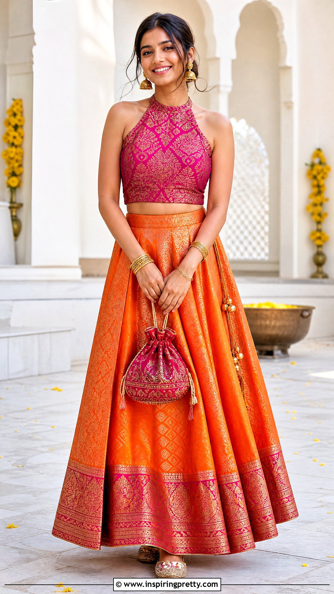 Orange Banarasi Skirt With Halter Top - 50 banarasi skirt and top outfit ideas