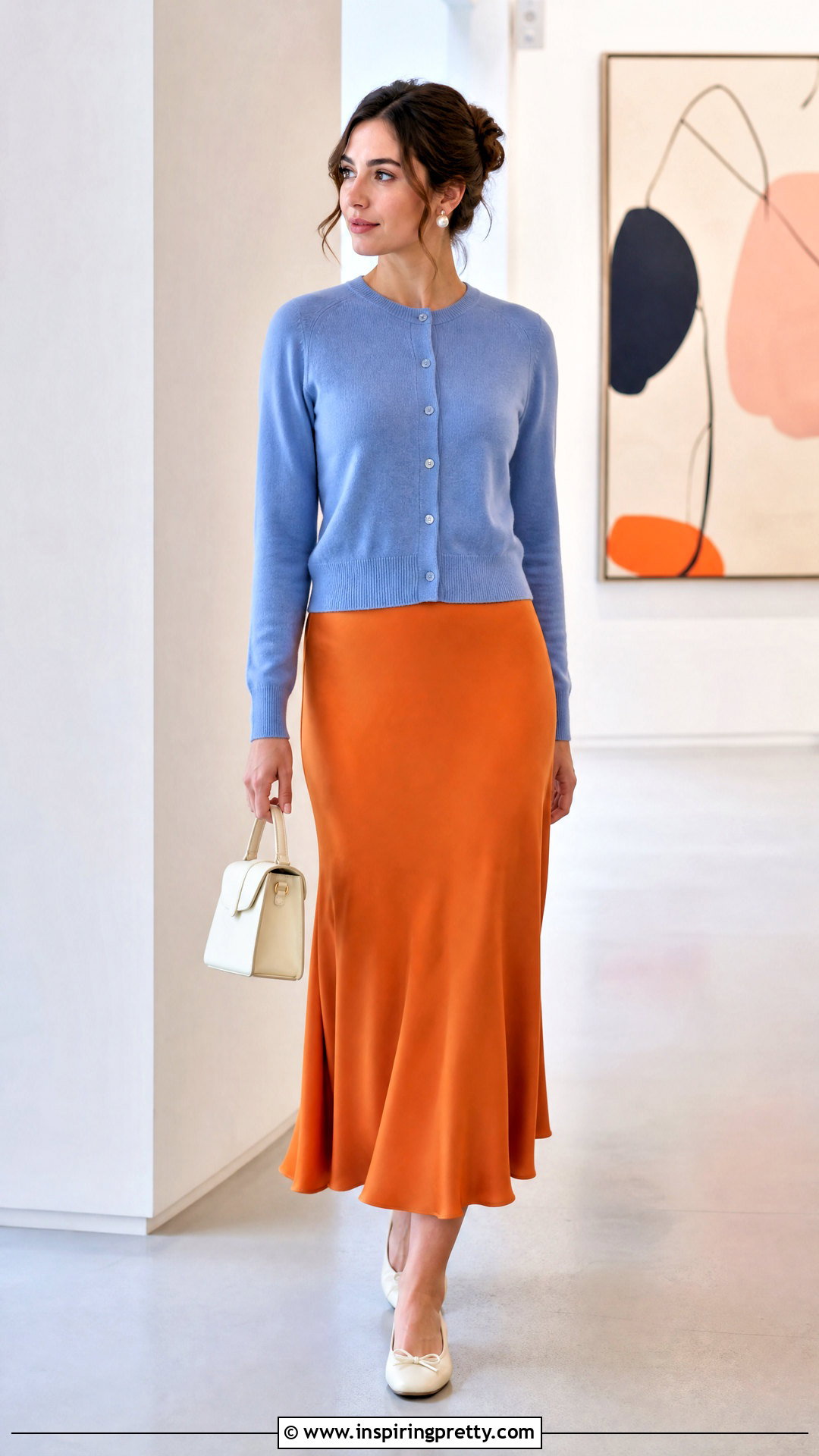 Orange Bias Cut Skirt With Cornflower Blue Cardigan - 25 Orange Skirt With Blue Top outfit ideas