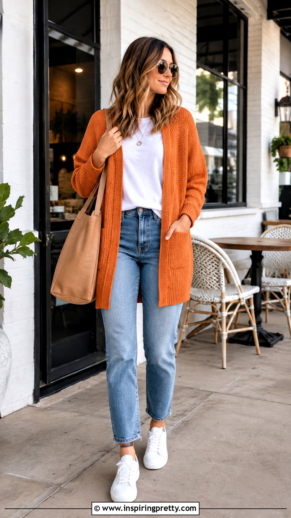 Orange Cardigan With White T Shirt And Jeans - 25 casual orange top outfit ideas