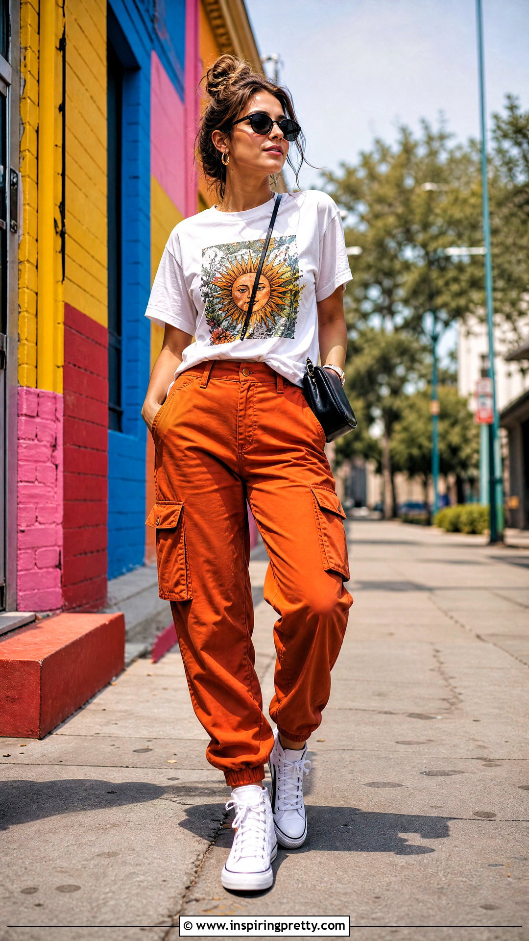 Orange Cargo Pants With White Graphic Tee - 25 Cargo Pants With Cute Tops