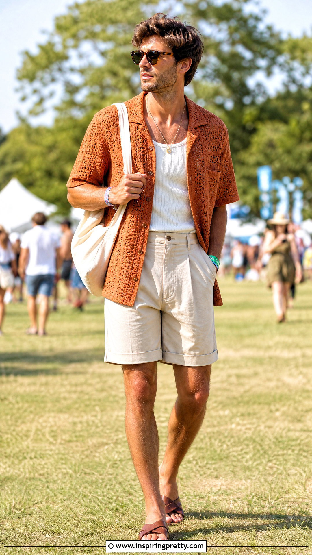 Orange Crochet Top With Beige Shorts - 50 crochet top for men outfit ideas