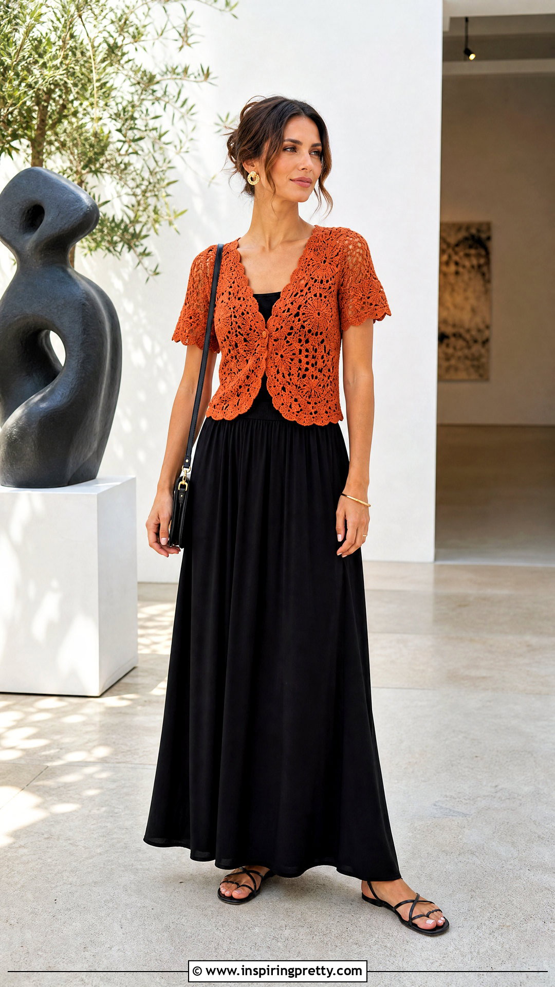 Orange Crochet Top With Black Maxi Skirt - 20 orange crochet top outfit ideas