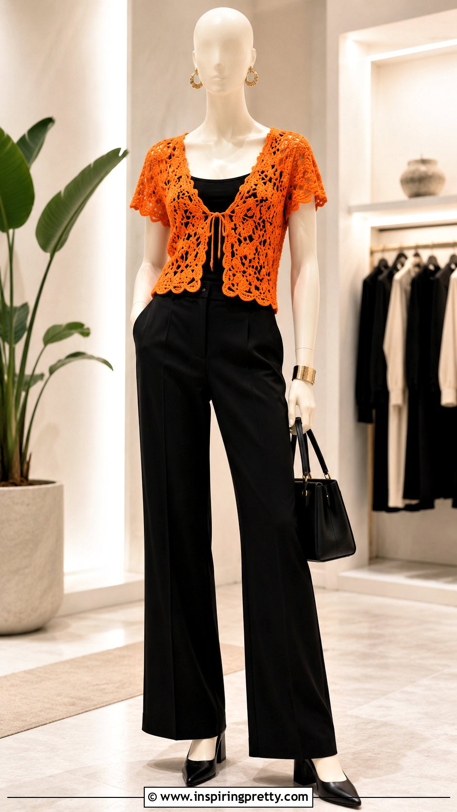 Orange Crochet Top With Black Wide Leg Pants - 20 orange crochet top on mannequin outfit ideas